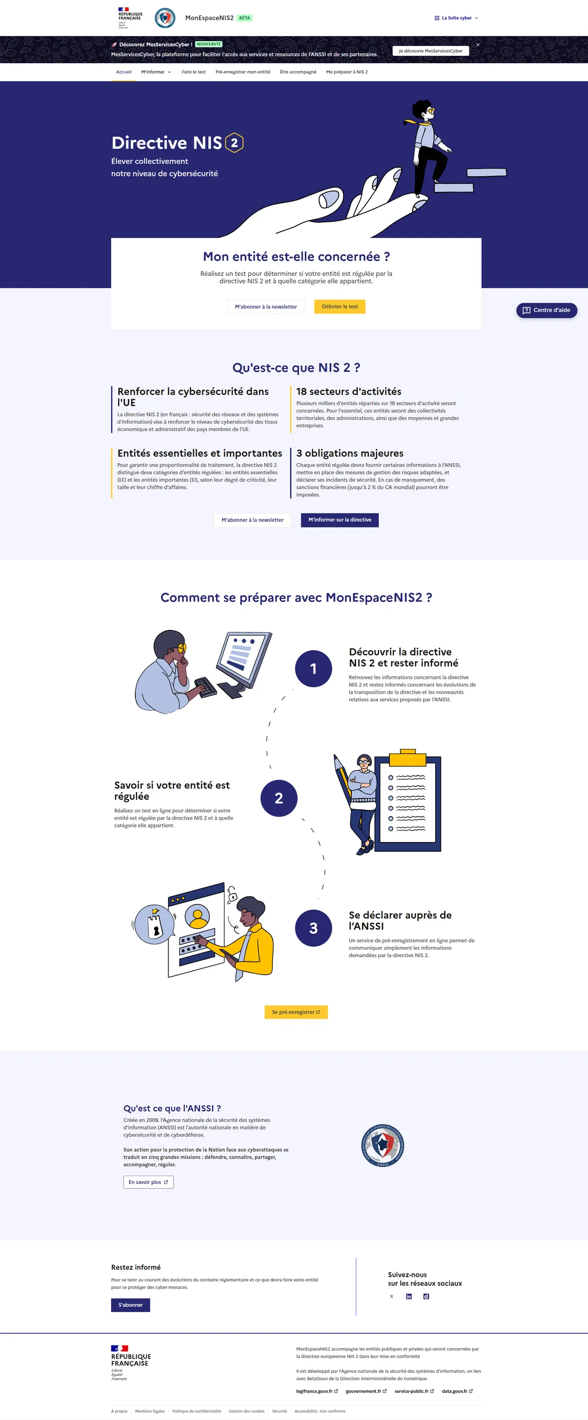 Page d'accueil du portail MonEspaceNIS2 - simulateur d'éligibilité et pré-enregistrement NIS2