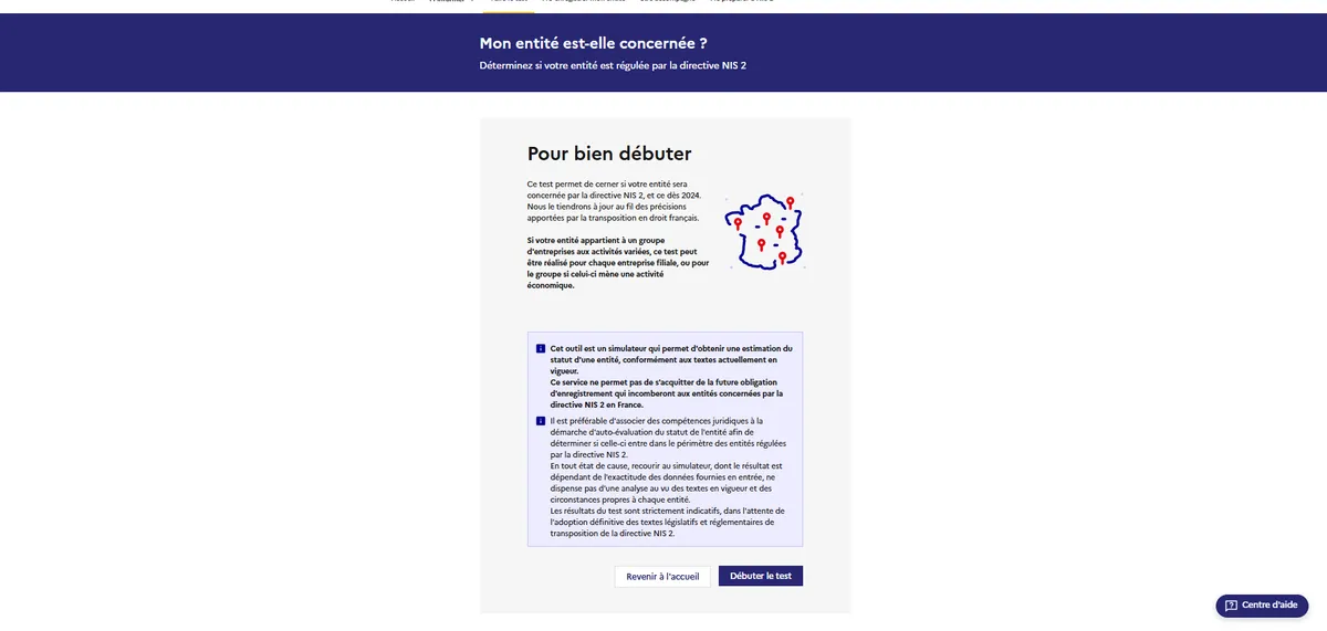 Simulateur d'éligibilité MonEspaceNIS2 - écran de démarrage "Pour bien débuter"