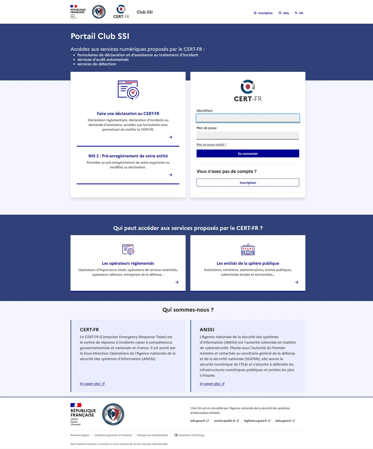 Portail Club SSI - formulaire de connexion avec accès NIS2 pré-enregistrement