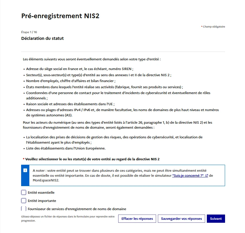 Formulaire pré-enregistrement NIS2 - Étape 1/16 Déclaration du statut (Entité essentielle ou Entité importante)
