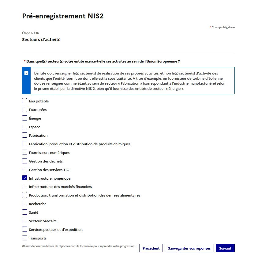 Formulaire pré-enregistrement NIS2 - Étape 5/16 liste des 18 secteurs d'activité NIS2