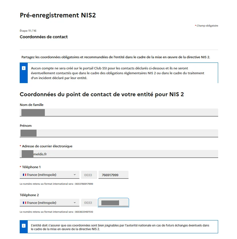 Formulaire pré-enregistrement NIS2 - Étape 11/16 coordonnées du point de contact et coordonnées pour la gestion d'incidents cyber