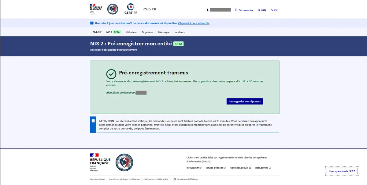Écran de confirmation Club SSI - Pré-enregistrement NIS2 transmis avec identifiant de demande